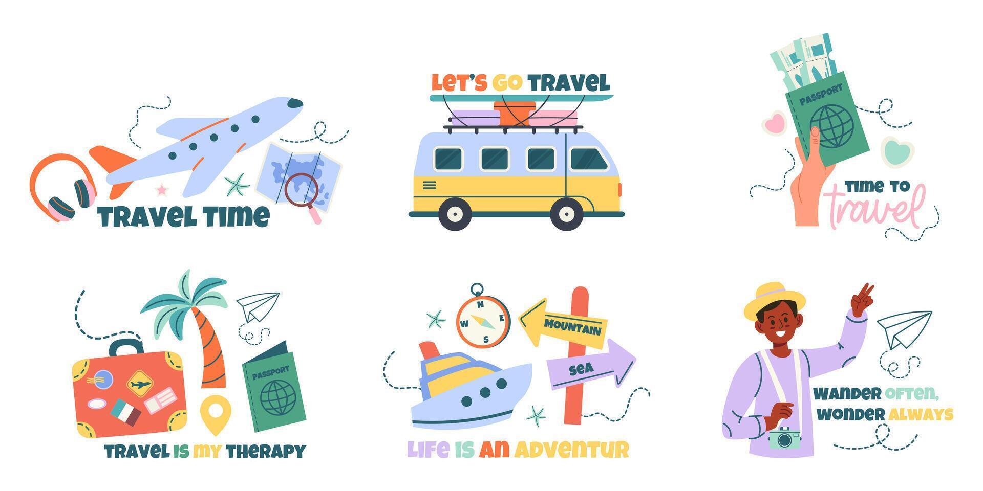 Travel set of label, badge design with lettering vector