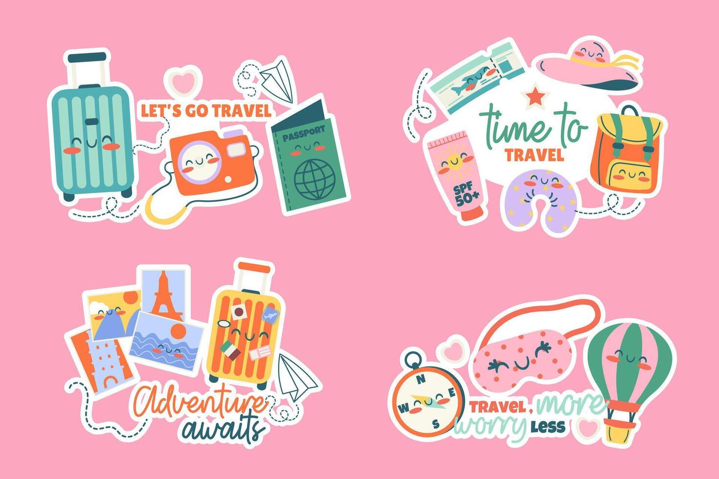 Travel stickers kawaii set of badge, label design with lettering vector