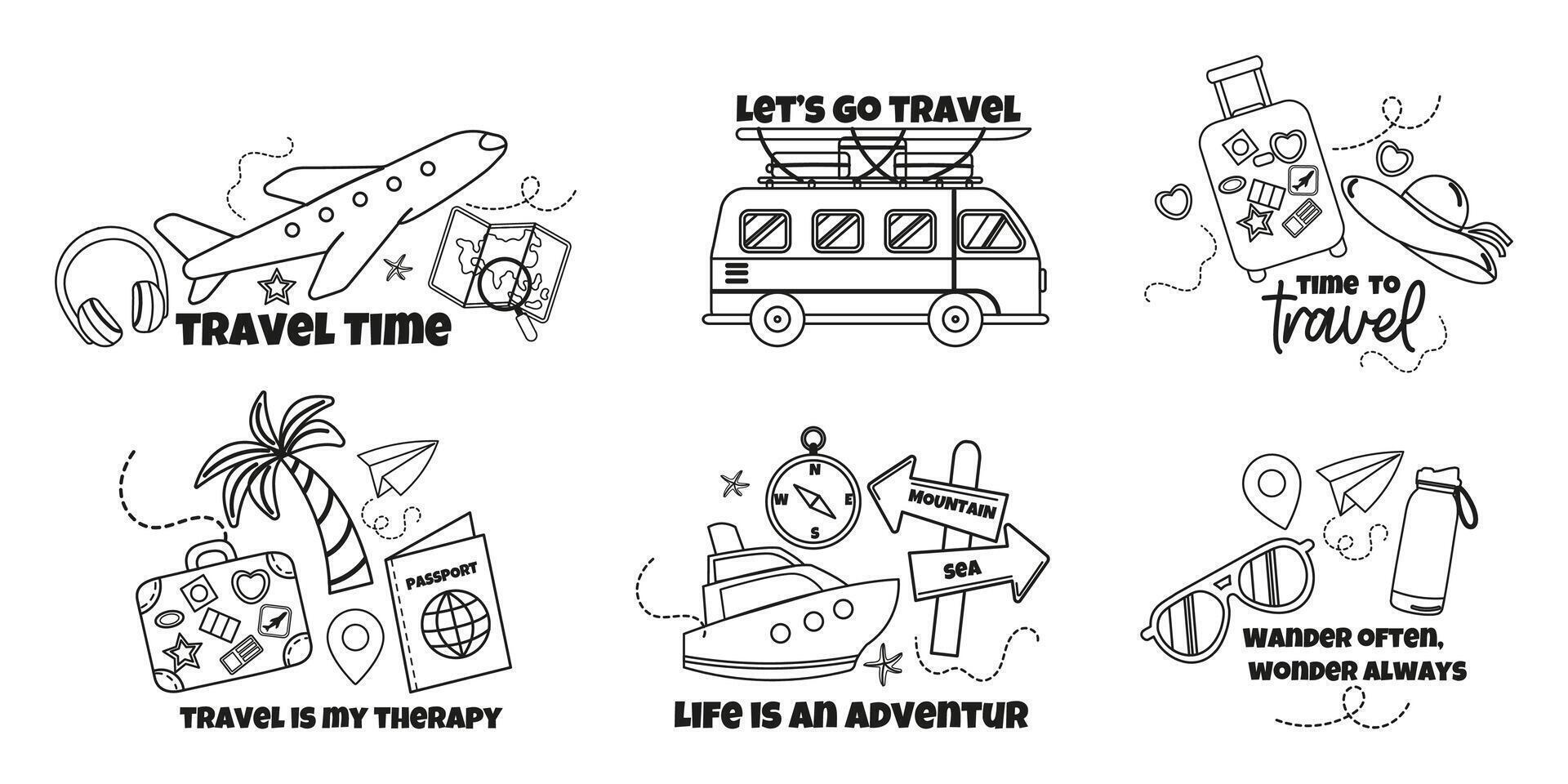 Travel set of label, badge design with lettering outline vector