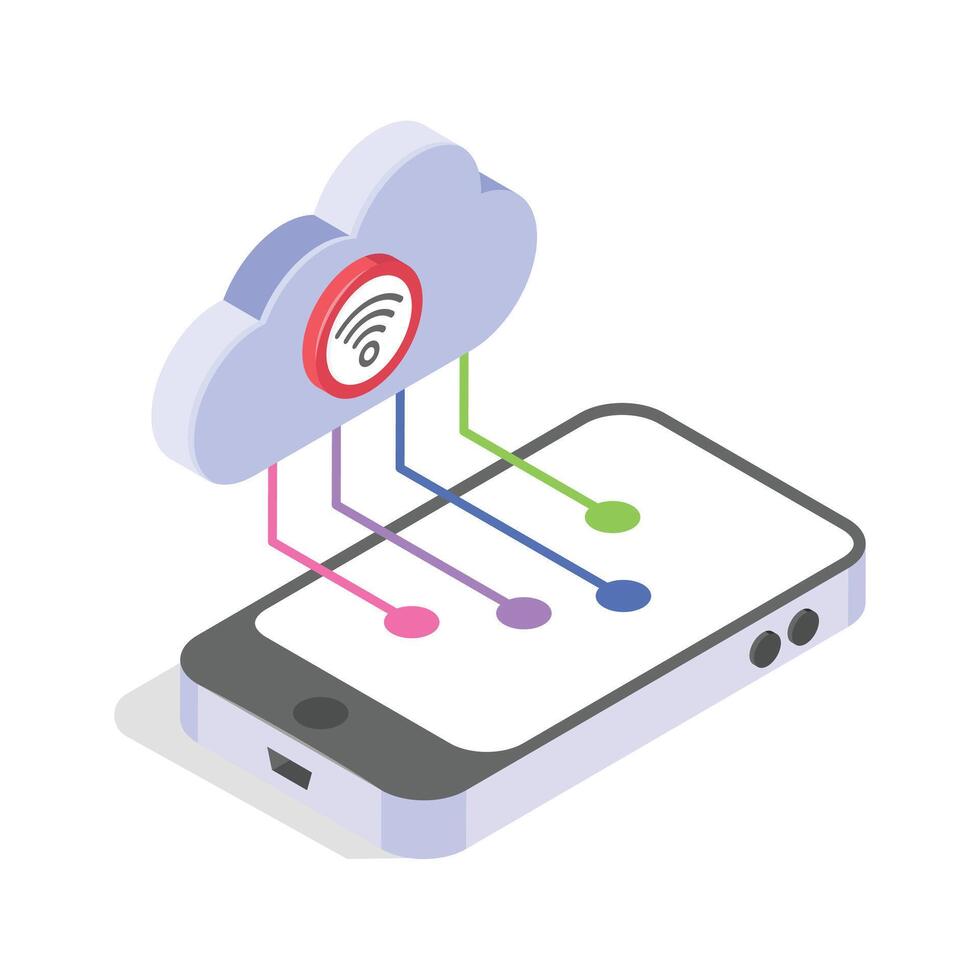 Isometric graphic of a smartphone connected to a cloud with wireless signals. vector