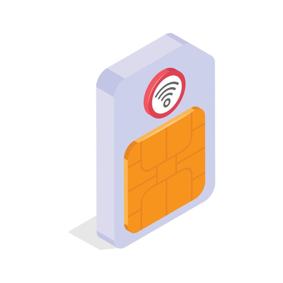 An isometric illustration of a SIM card with a wireless signal icon vector