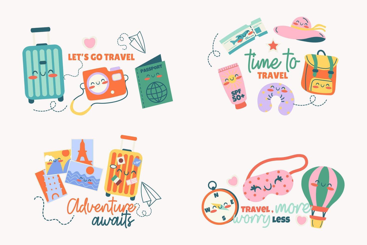 Travel kawaii set of badge, label design with lettering vector