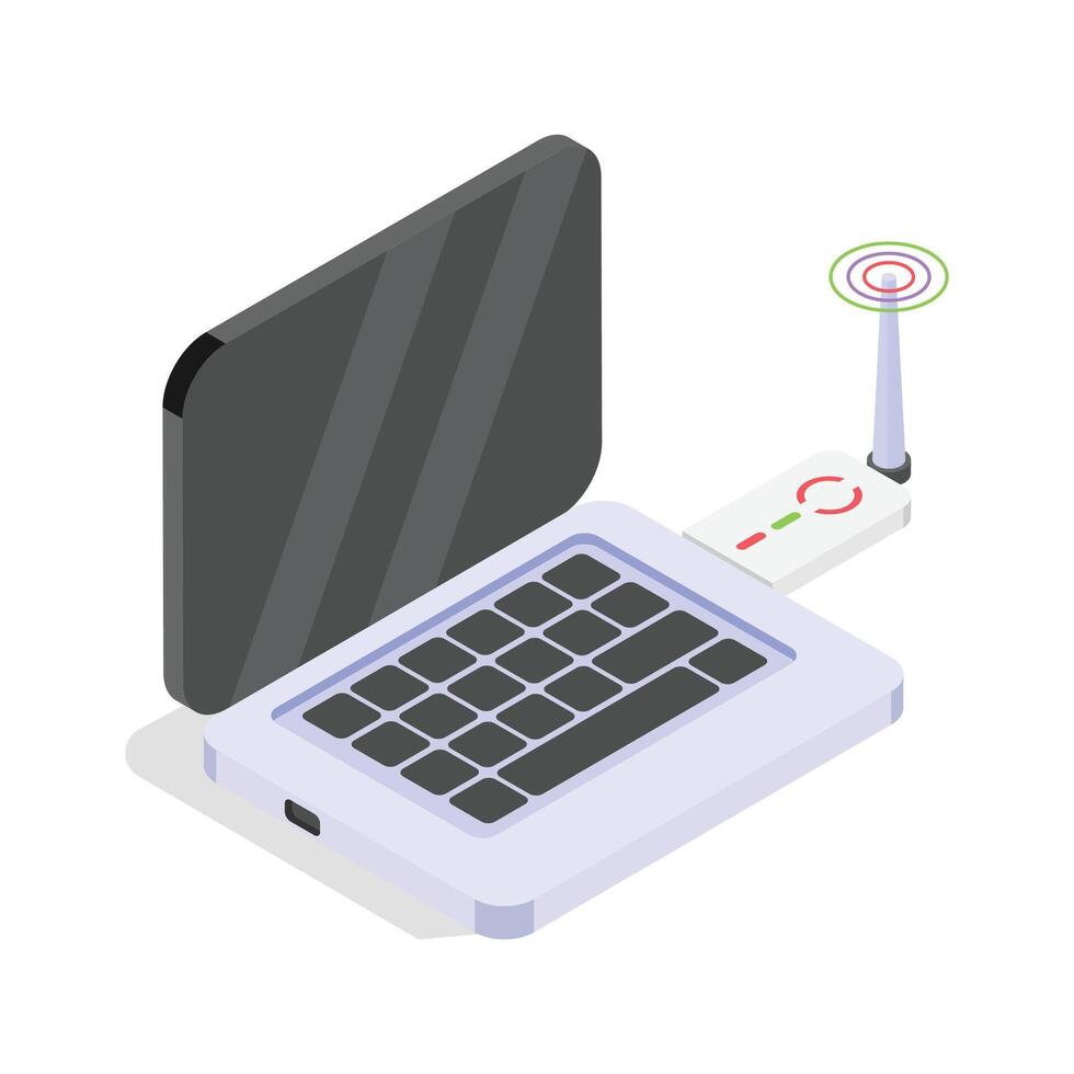 Isometric icon of a laptop computer connected to a wireless modem. vector