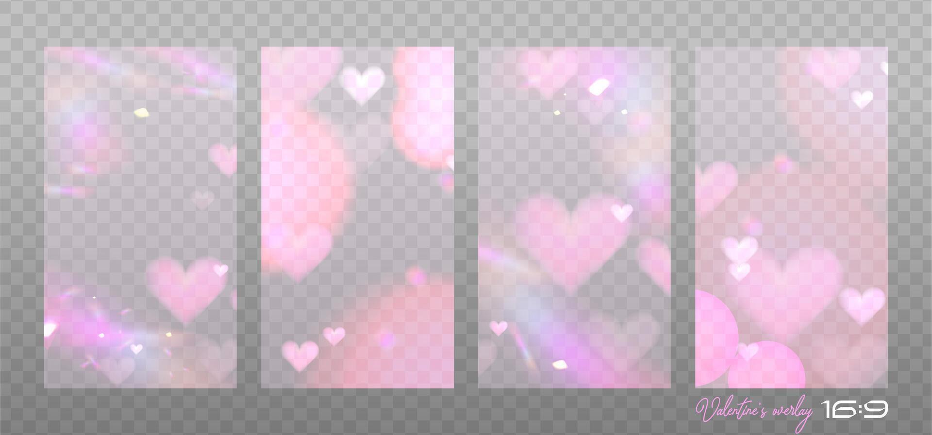 Set of 16x9 sized pink blurred overlays with colorful lens dispersion, crystal romantic hearts light, exposed photographic film and flare transparent effects. illustration. vector