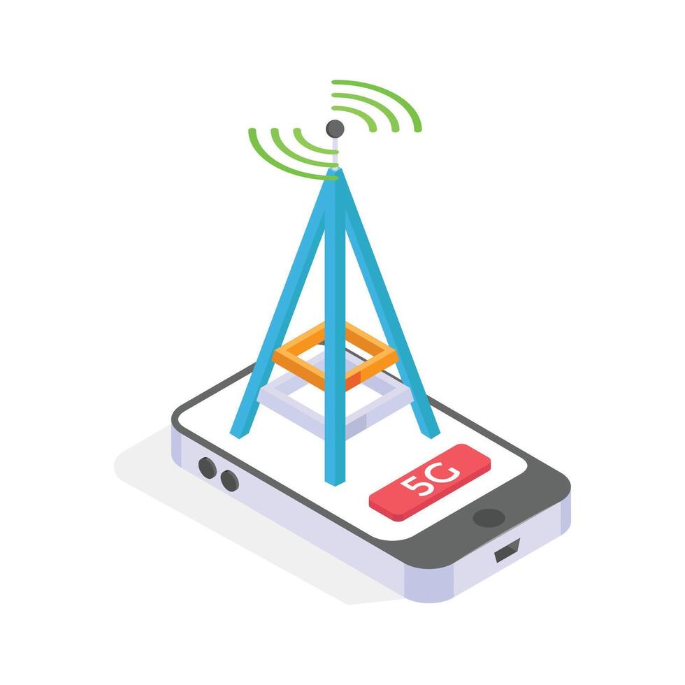 An isometric icon of a smartphone displaying a 5G cellular network tower. vector