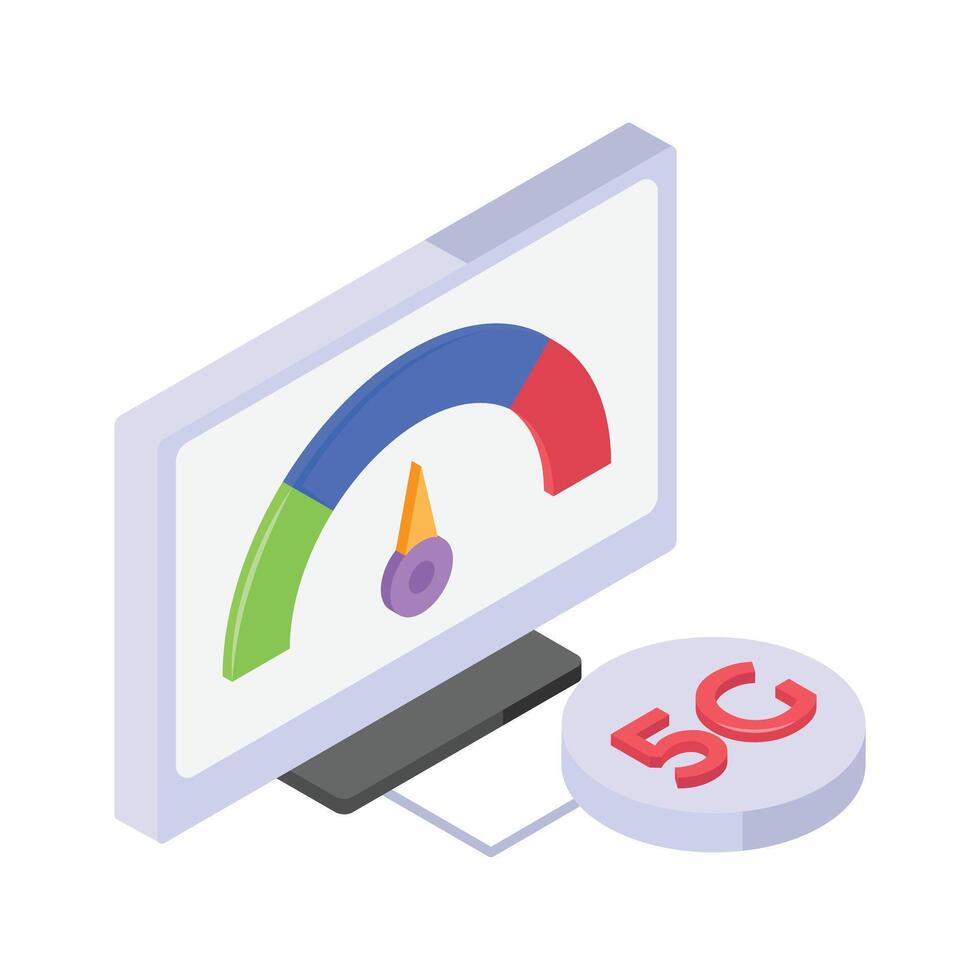 An isometric icon of a computer monitor displaying a 5G network vector