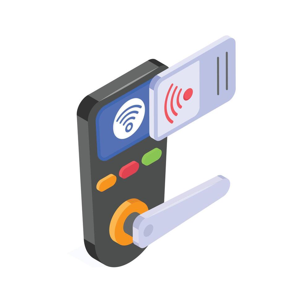 Isometric illustration depicts a modern wireless hotel door lock system vector