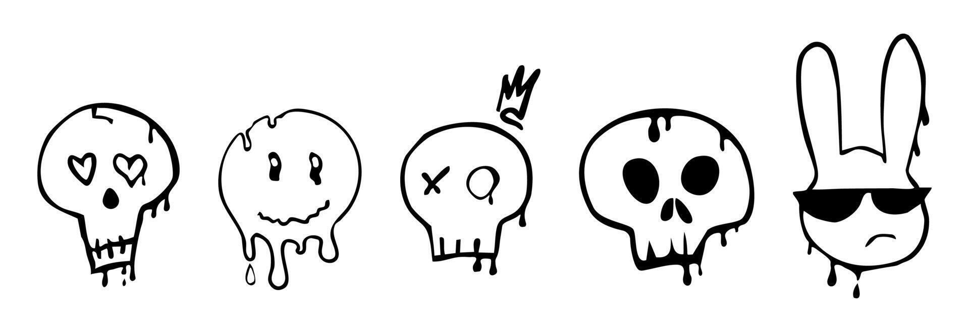Graffiti Gangster tattoo elements, paint splash, spray. Heart face, skull set. Doodle gunge groovy print crown, cherry, scary kit,. vector