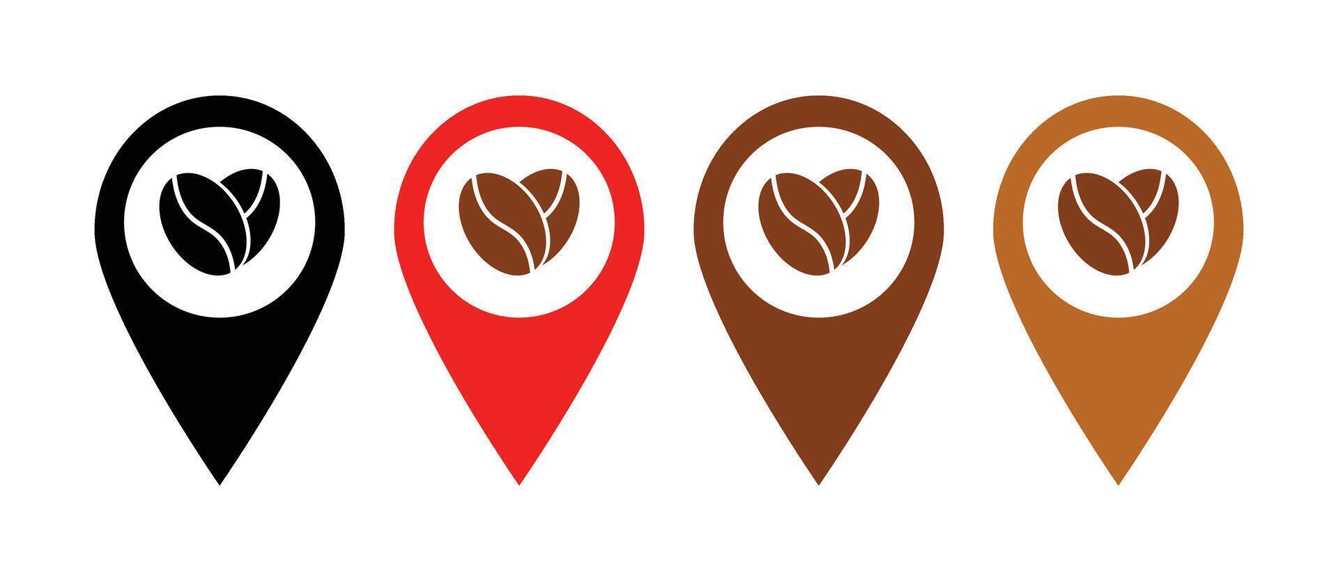 Coffee map pin location sign set of icons in different colors isolated. Coffee beans spot graphic elements collection in black, red, light and dark brown. vector