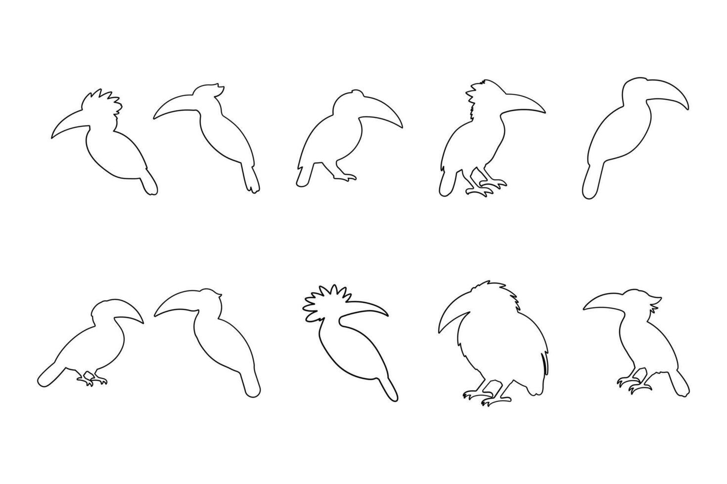 Hornbill Bird Outline Icon Set vector