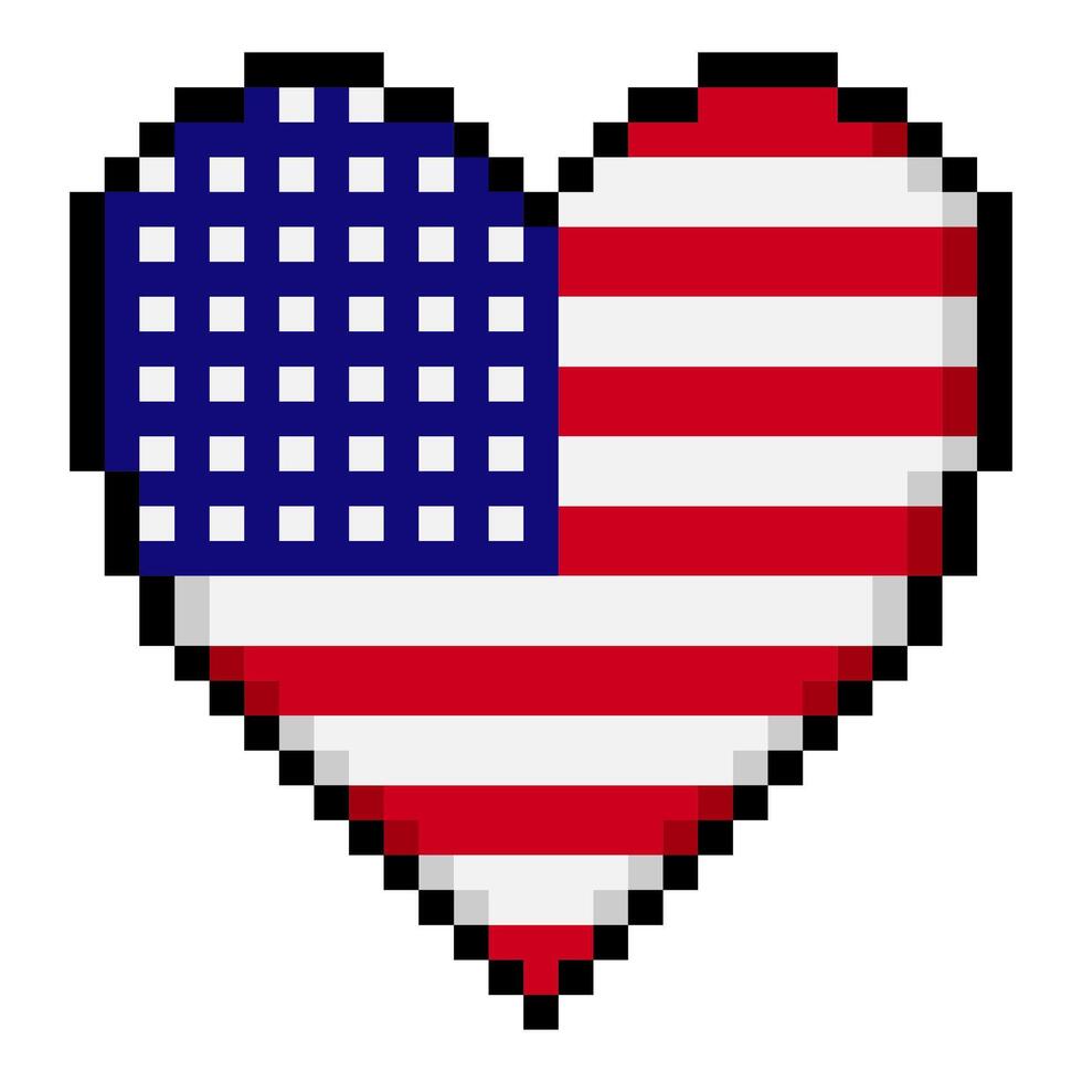 American flag with heart shape in pixel art style vector