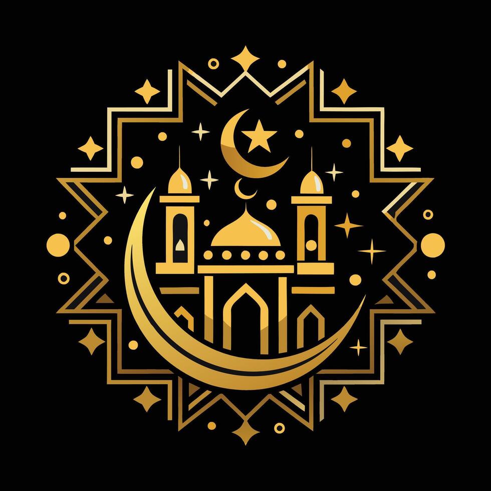 A stylized graphic design showcasing a mosque complex at night. vector