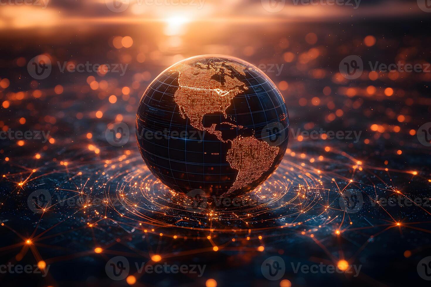 Digital Globe at Sunset Technology and Global Connectivity Concept for Network Design photo