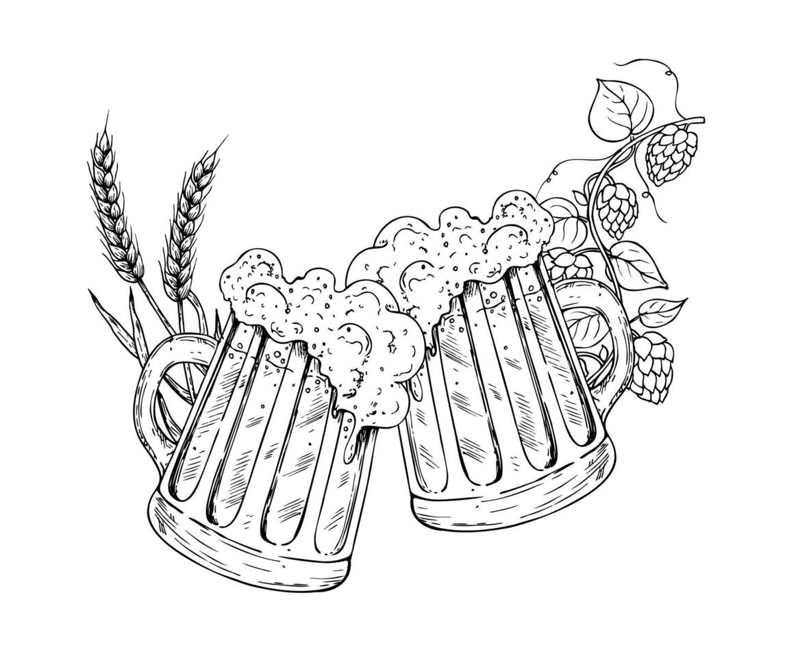 Glass of beer with cap of foam and common hop. Graphic ink ale illustration, organic Humulus lupulus branch with leaves and cones isolated on background. Hand drawn line sketch. For designers vector