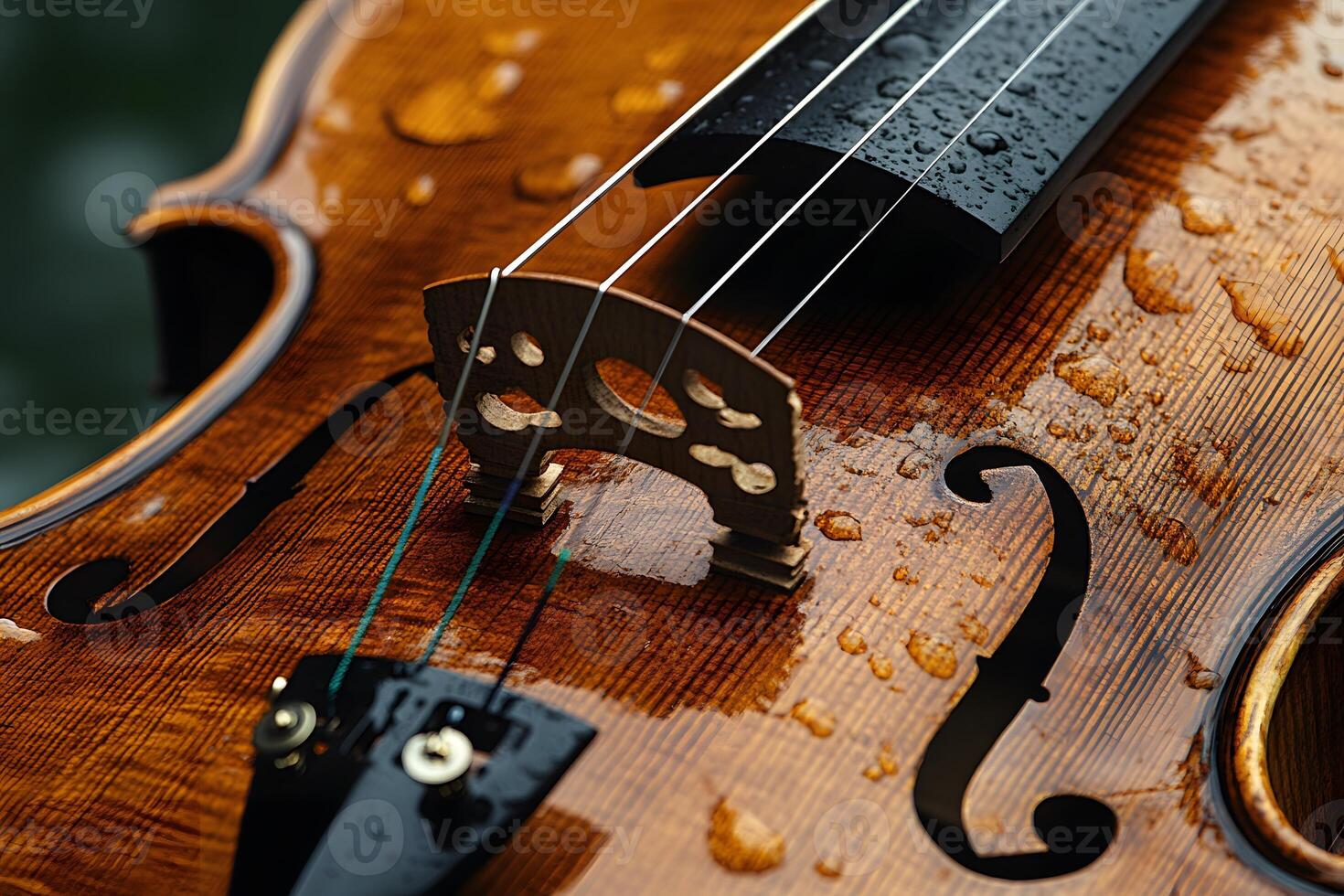Close-Up of Raindrop-Covered Violin Strings with Wooden Bridge Detail photo