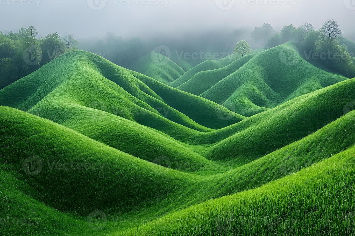 Verdant Rolling Hills in Misty Morning Light - Serene Nature Landscape for Tranquility and Harmony photo