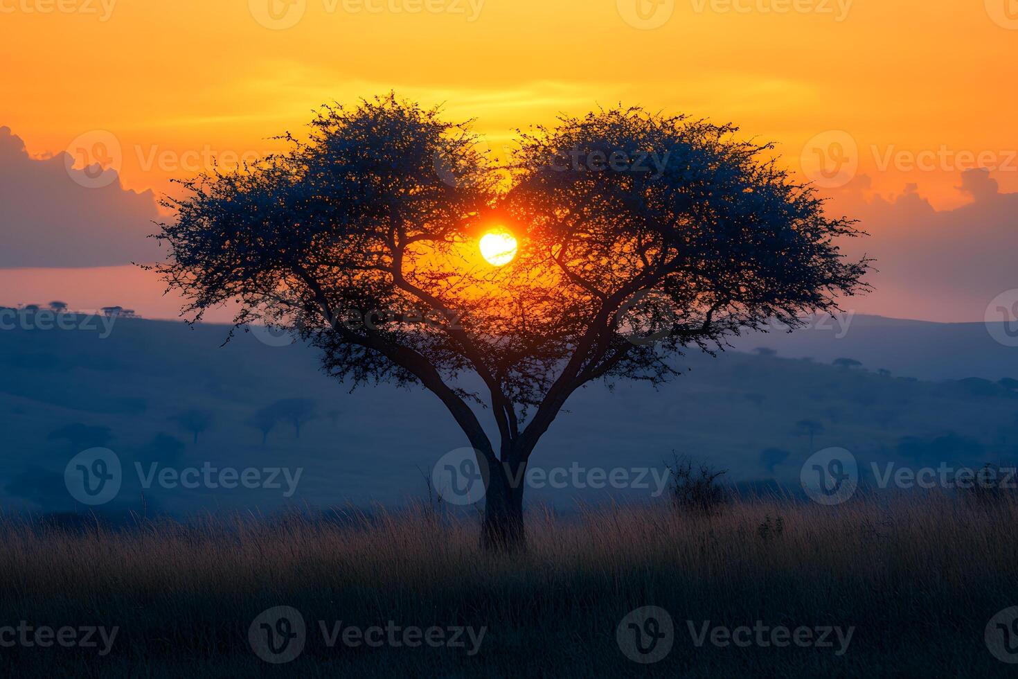 Serene Sunset with Silhouette of Tree in African Savanna for Wall Art and Nature Posters photo