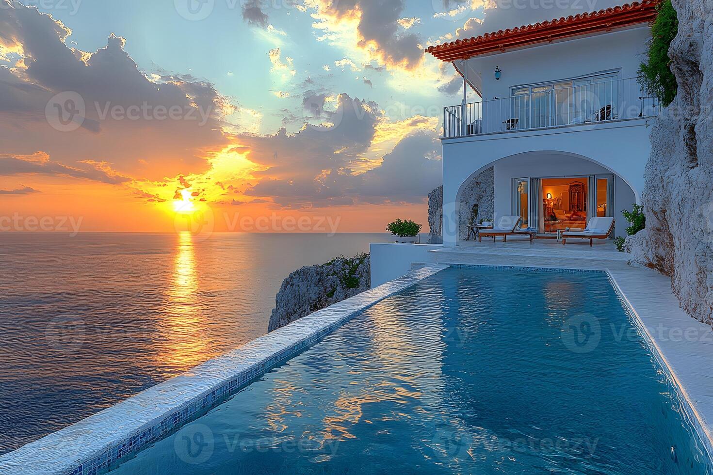 Coastal Luxury Retreat at Sunset with Infinity Pool Overlooking Ocean photo