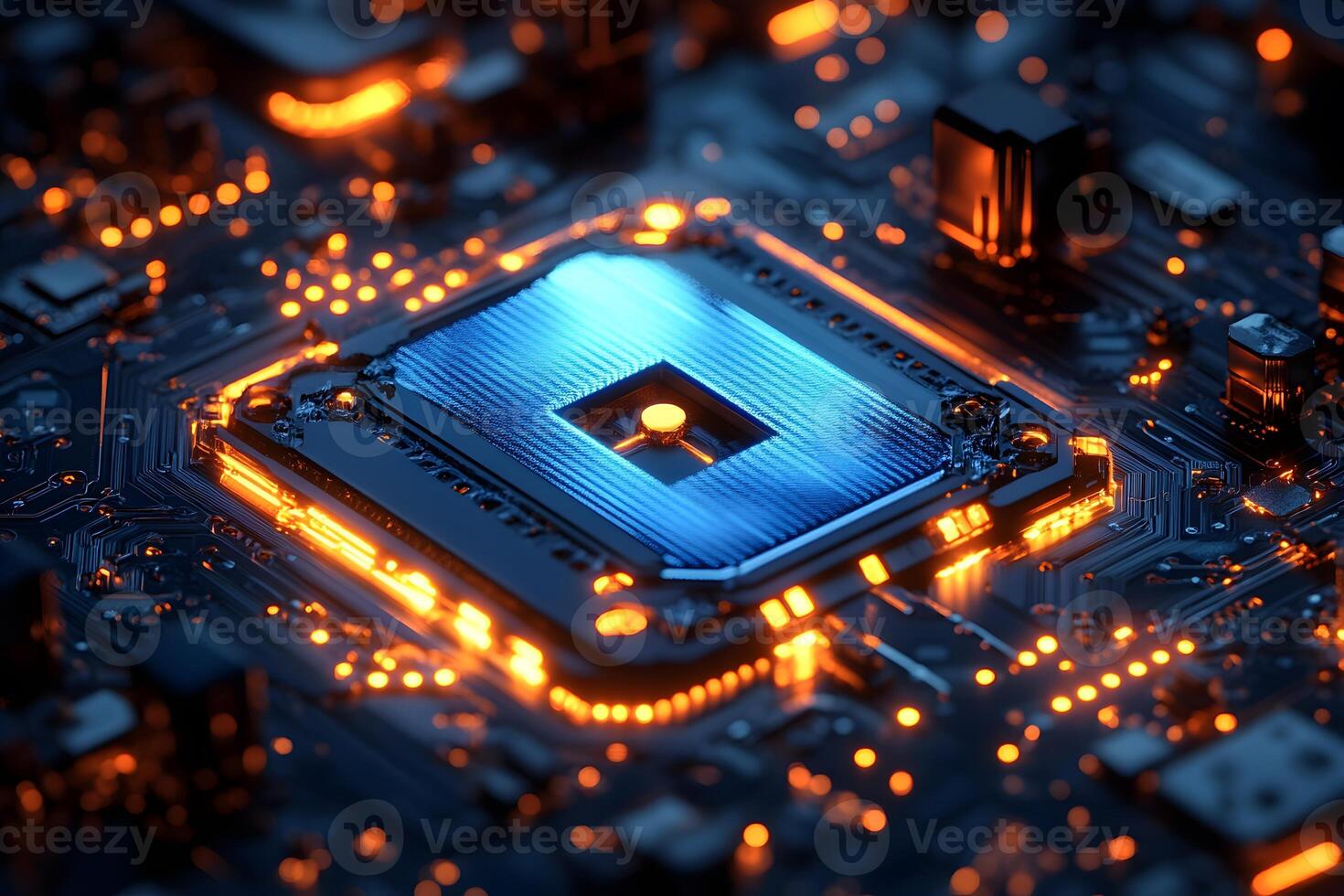 Futuristic Circuit Board with Glowing Microchip for Technology and Innovation Themes photo