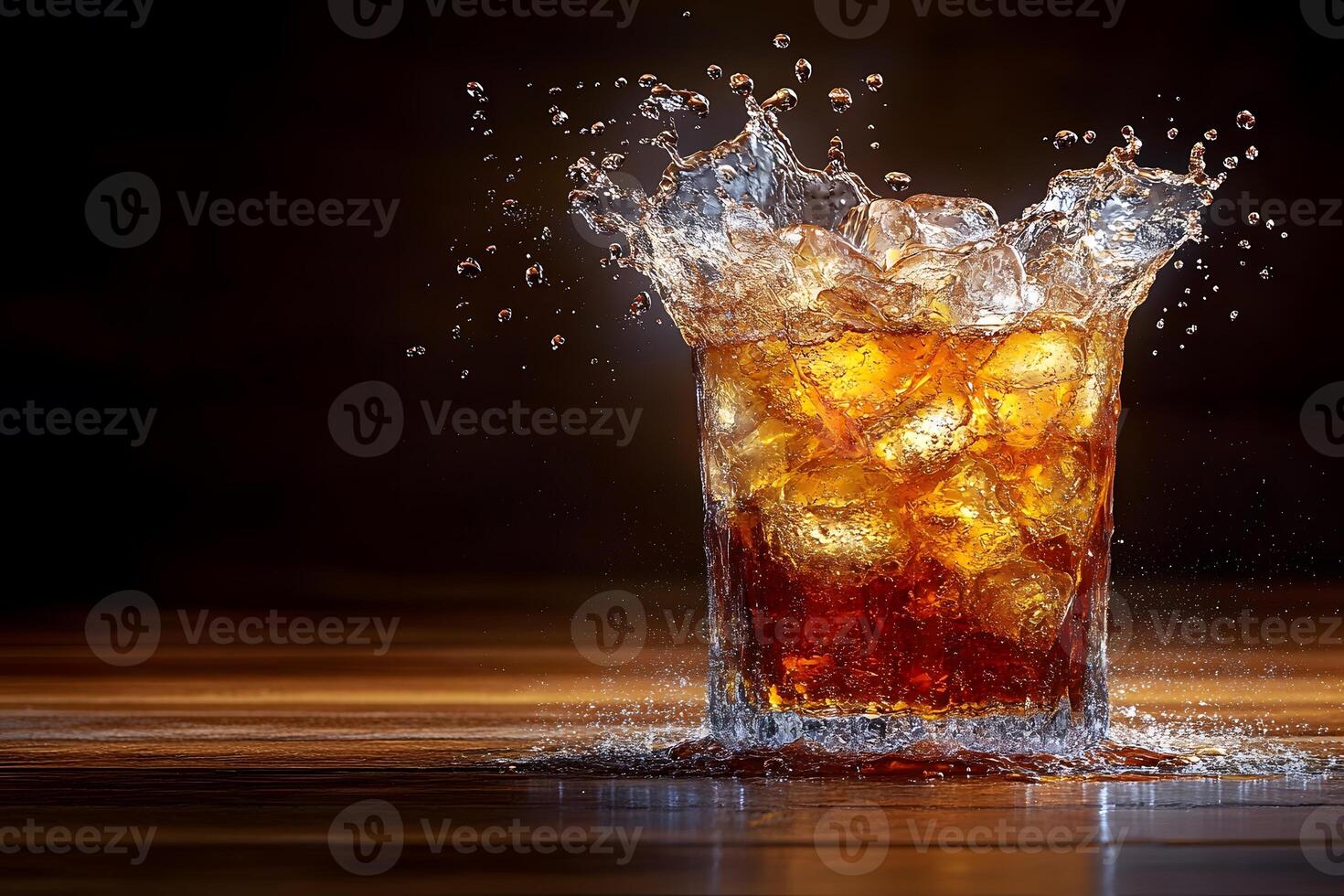 Refreshing Cola Splash with Ice Cubes in a Glass on Wooden Surface for Beverage Advertising photo