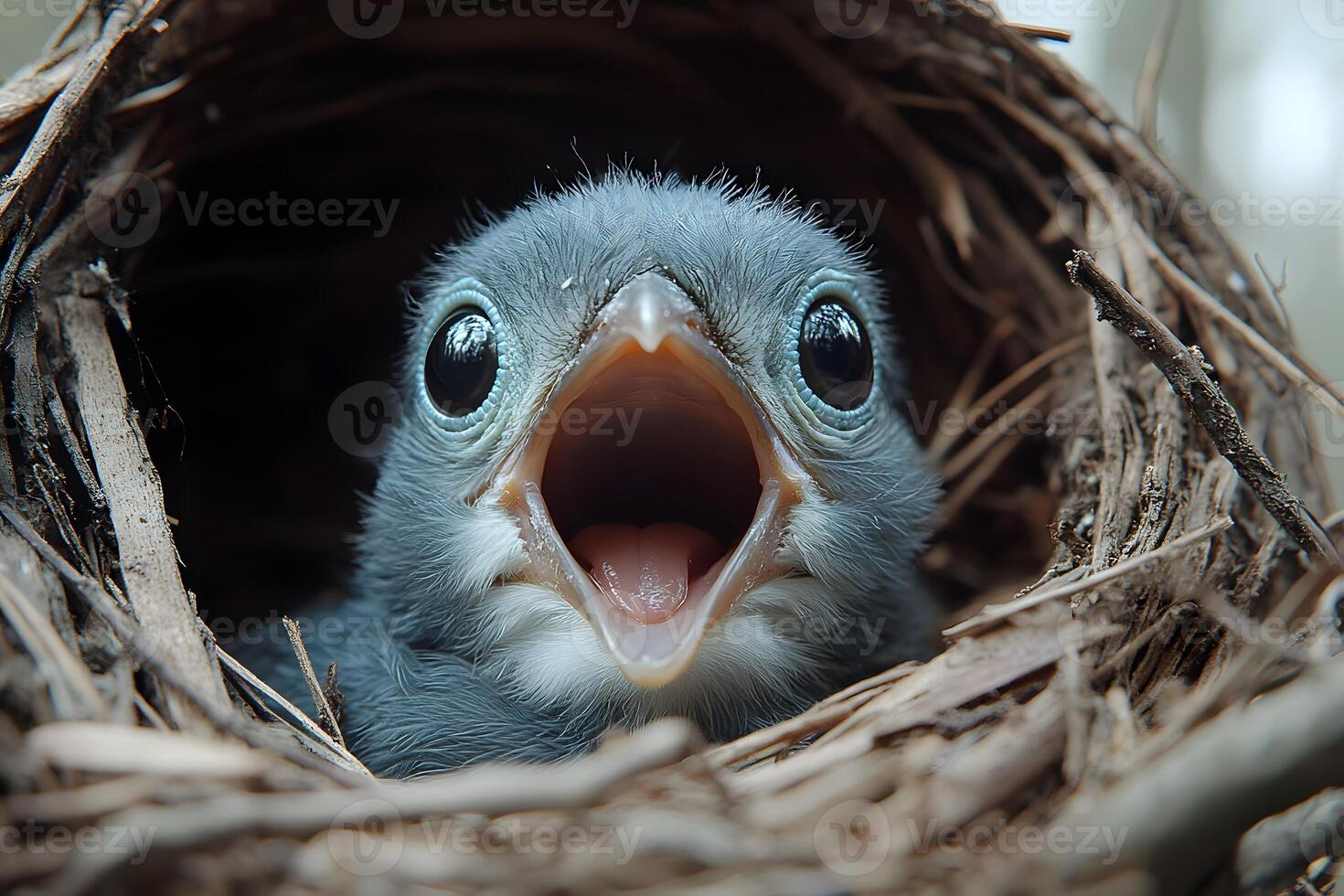 Baby Bird in Nest Close-Up of Open Beak and Feathers for Wildlife Photography and Nature Posters photo