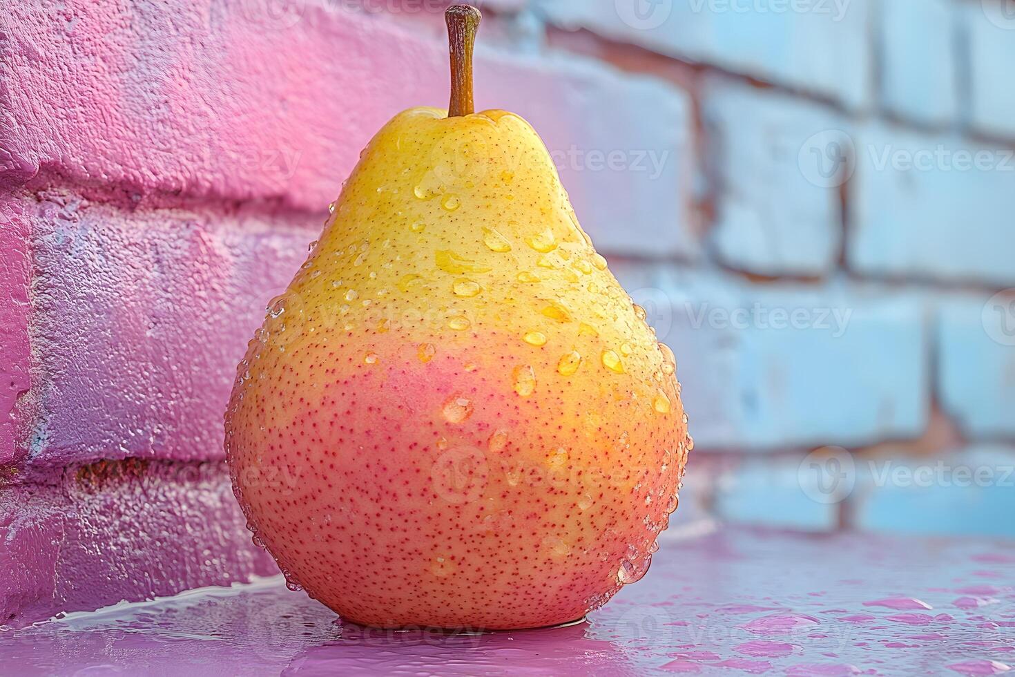Fresh Pear with Water Droplets Against Colorful Brick Background for Food Art photo