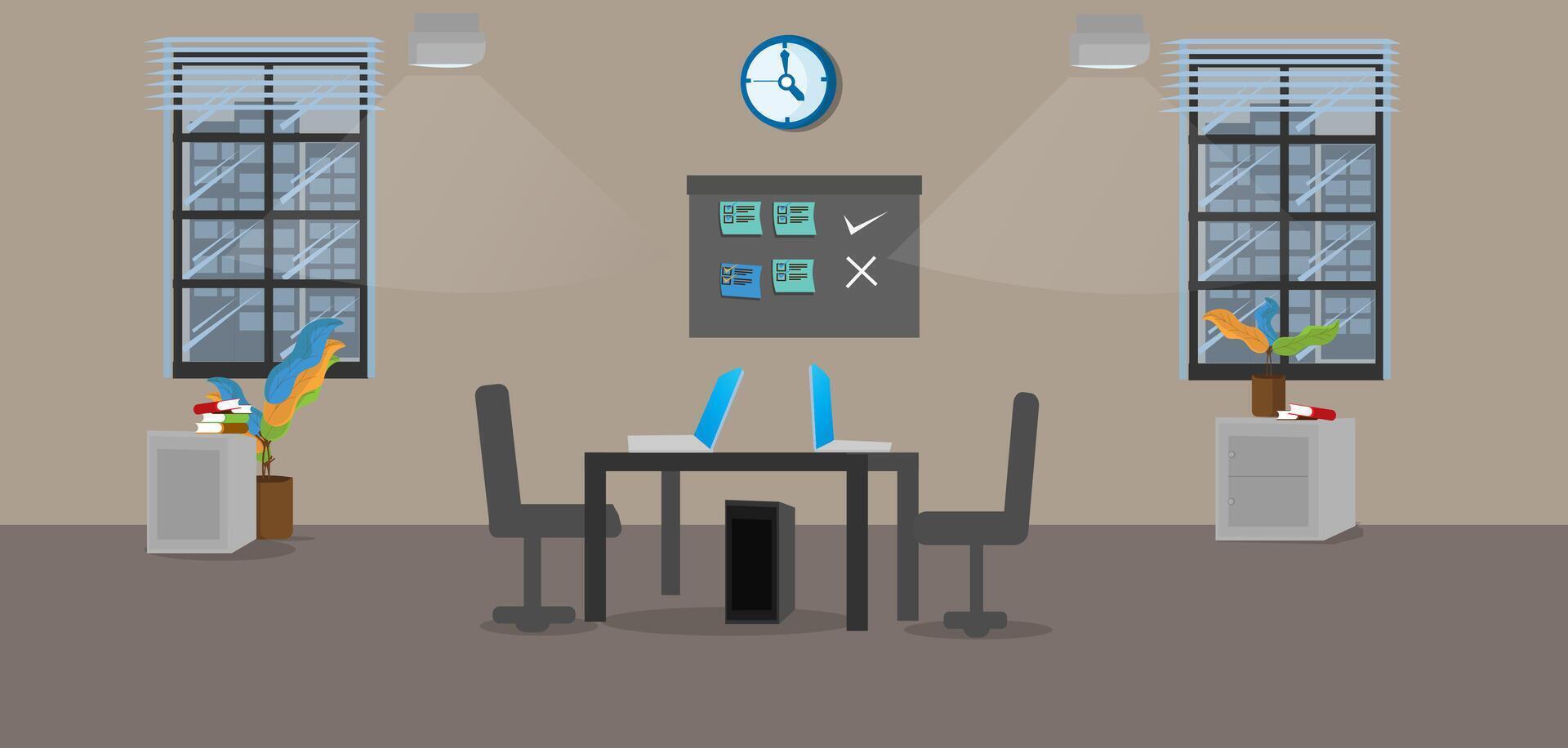 office interior with desk, chair and clock vector