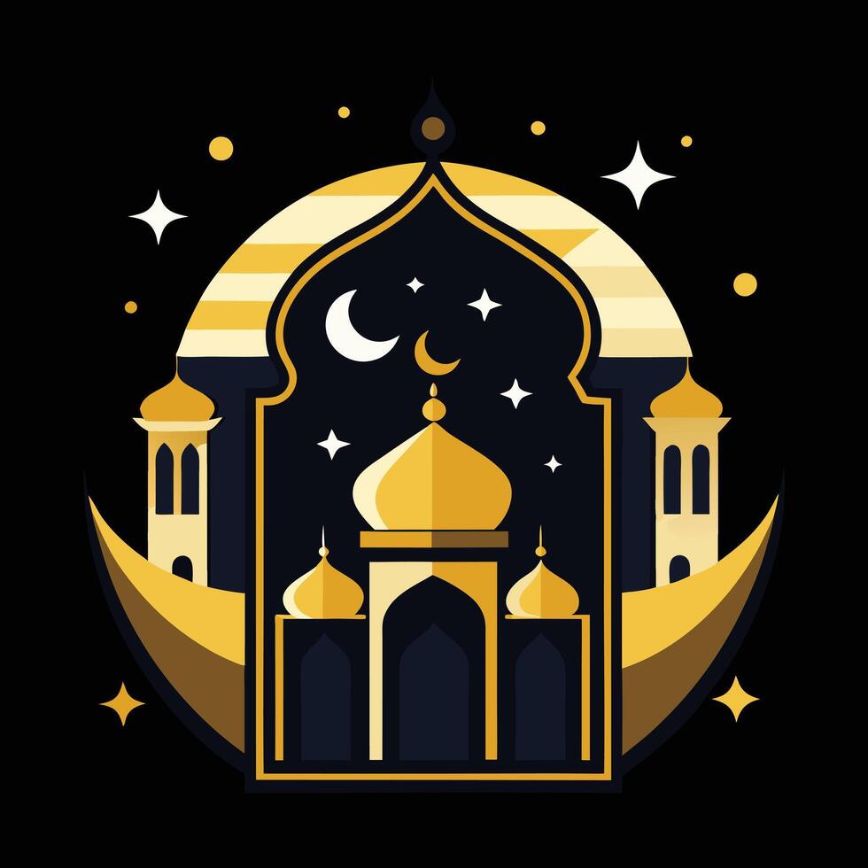 graphic illustration of mosques at night, featuring a crescent moon and stars. vector