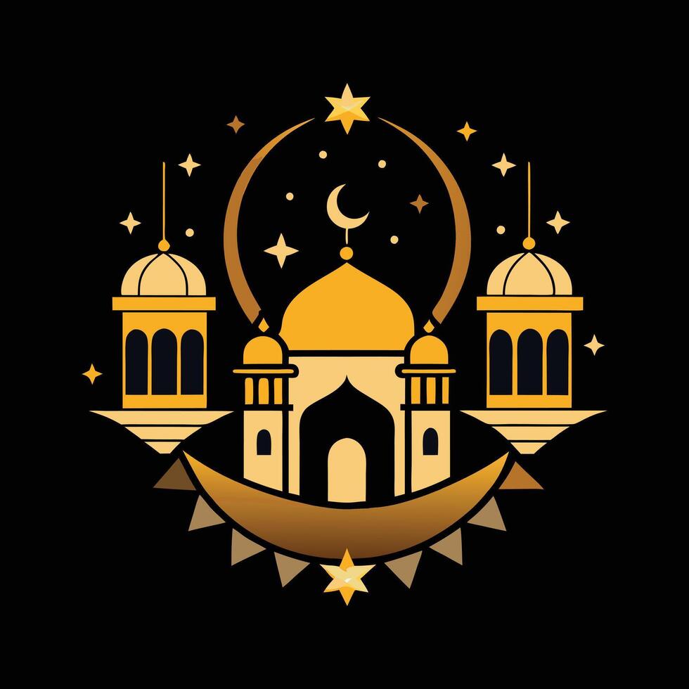 gold silhouette of a mosque against a dark night sky, featuring a crescent moon and stars. vector