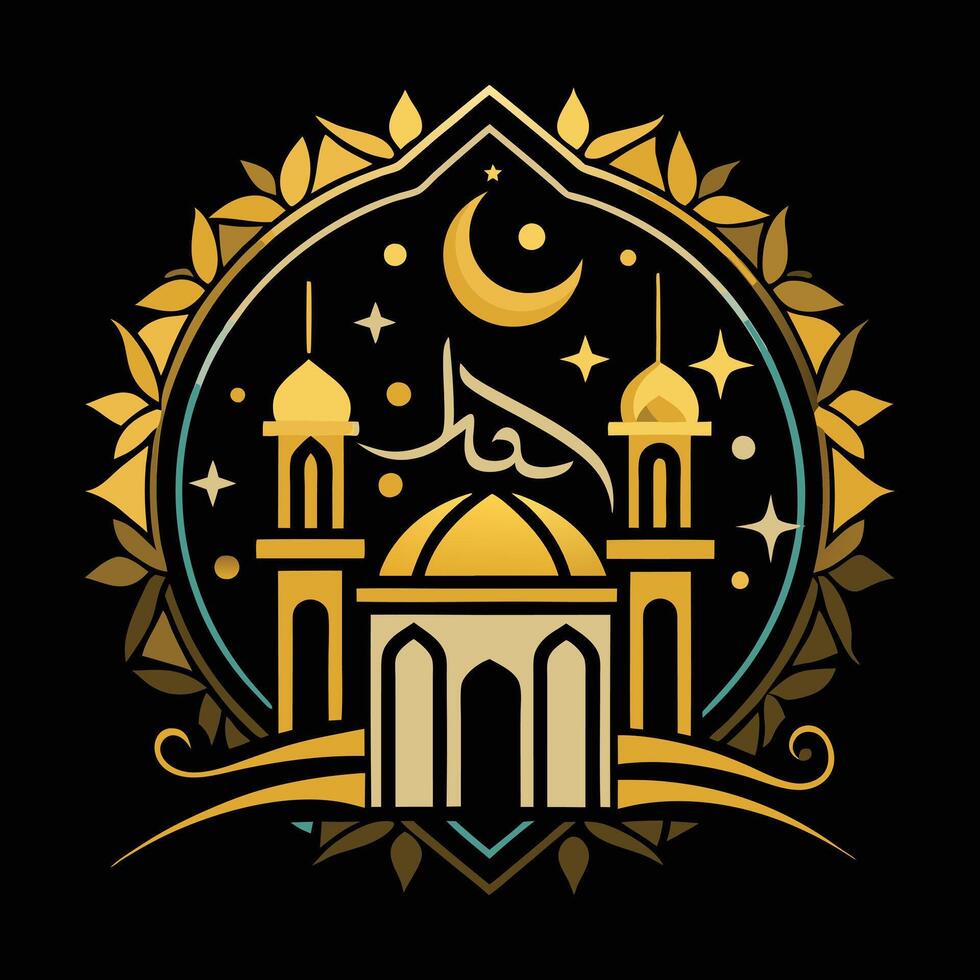 A striking graphic design showcasing a golden silhouette of a mosque against a dark black background. vector