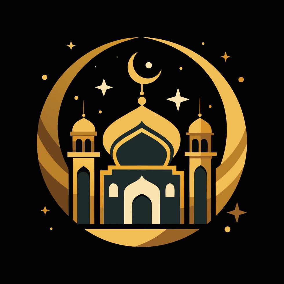Elegant gold silhouette of a mosque against a dark night sky, featuring a crescent moon and stars. vector
