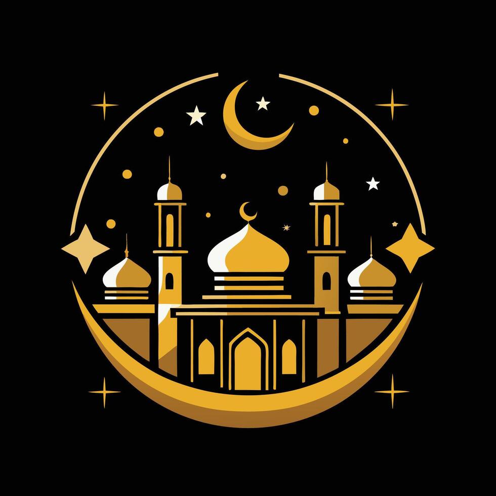 A stylized, golden mosque silhouette, set against a black background, evokes a peaceful and spiritual mood. vector