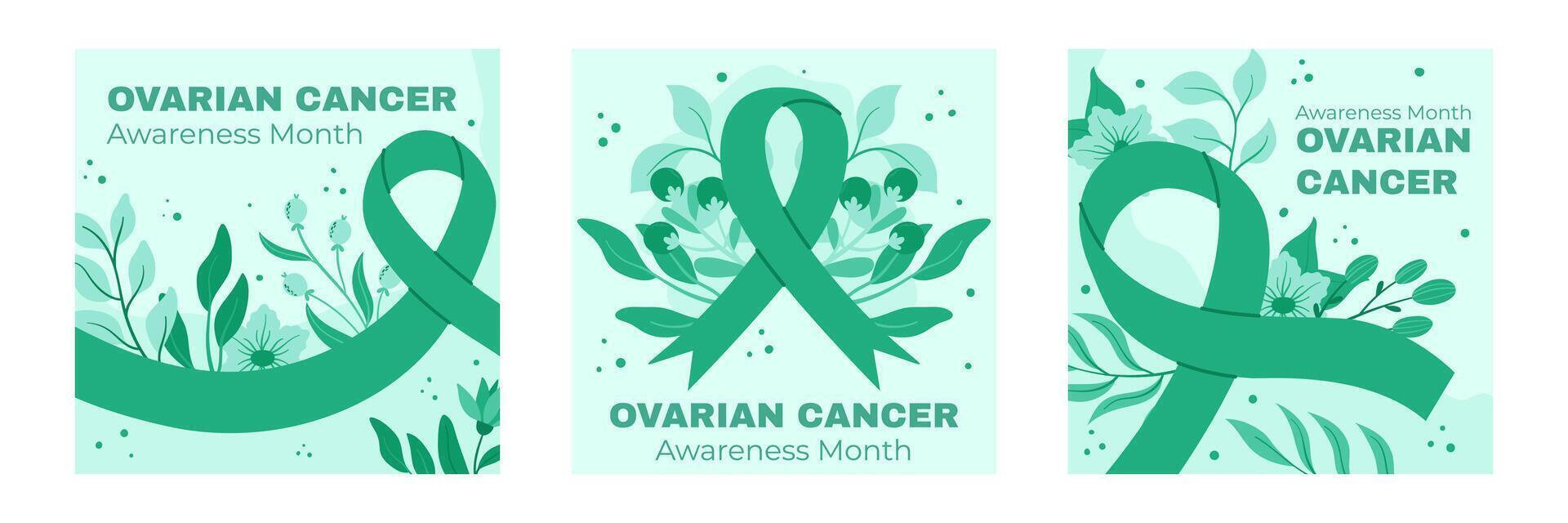 Ovarian Cancer Awareness Month Square Design Featuring Teal Ribbons, Floral Backgrounds, and Supportive Health Awareness Graphics vector
