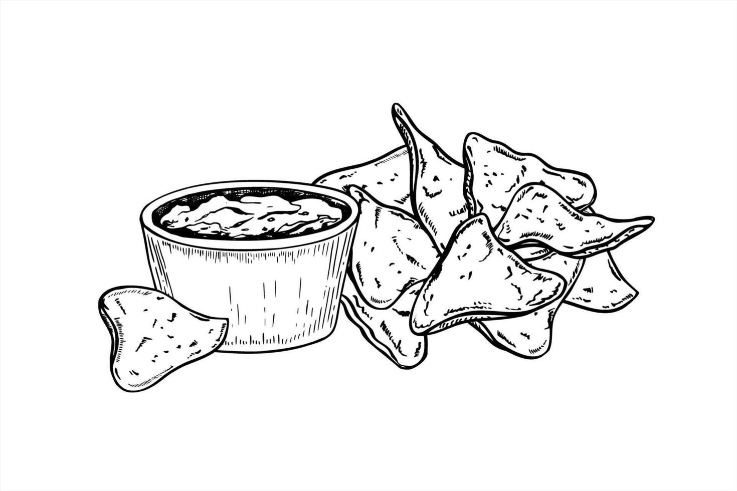Nachos bunch, bowl with guacamole isolated illustration painted by black inks. Handful of traditional Mexican snack food, triangle chips with sauce etching drawing for menu design, poster vector