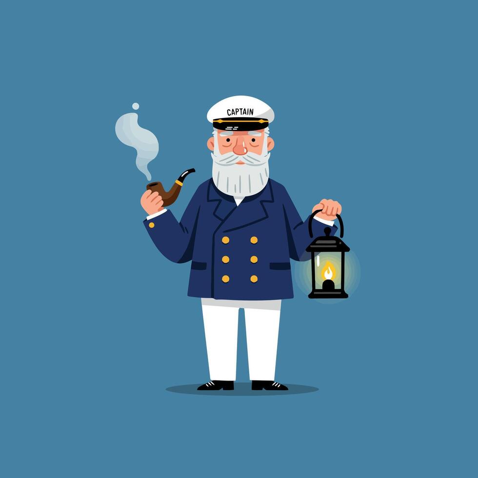 Cartoon Sea Captain with Pipe and Lantern Illustration vector