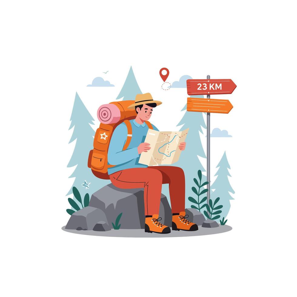Hiking Backpacker Studying Trail Map in Forest vector
