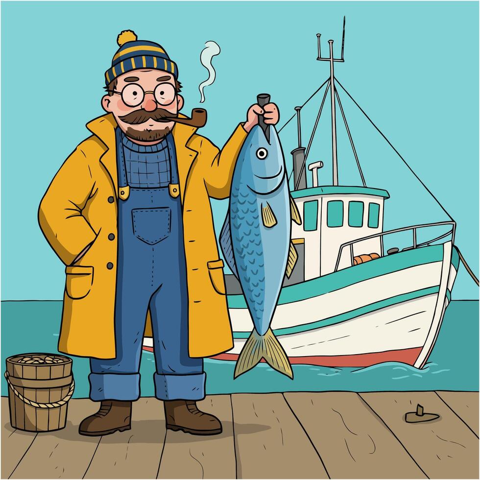 Fisherman Holding Big Fish Near Boat Dock Illustration vector