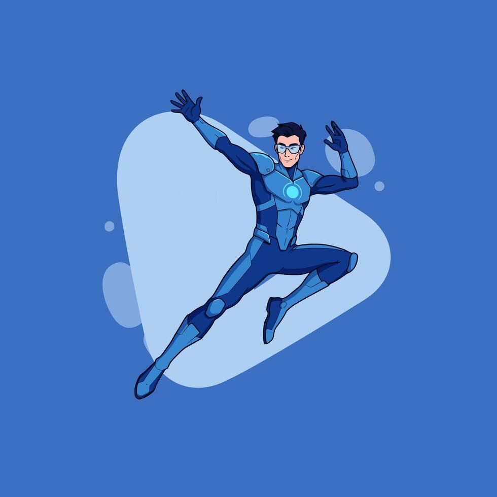 Dynamic Superhero in Blue Jumpsuit Action Pose Illustration vector