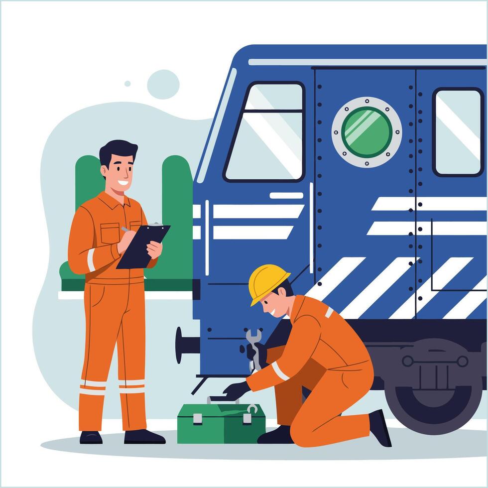 Train Mechanics Inspecting Locomotive for Repairs vector