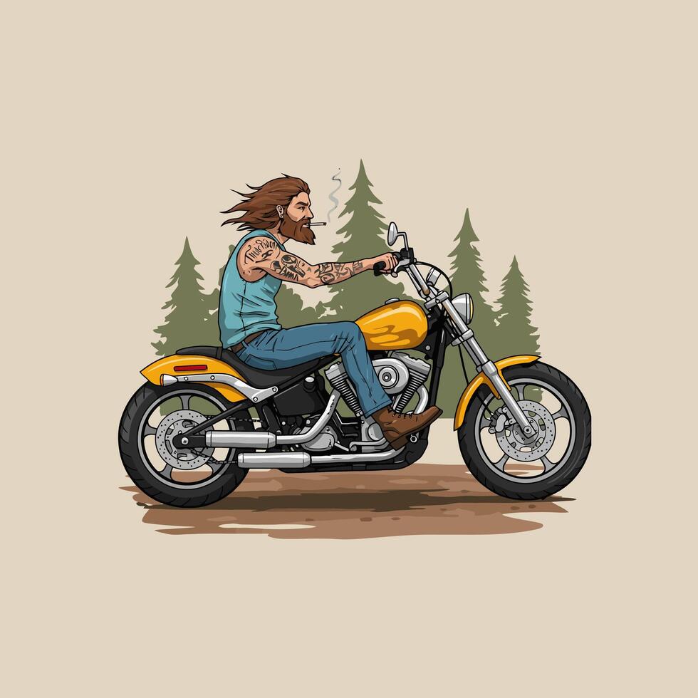 Tattooed Man Riding Yellow Chopper Motorcycle Through Forest vector