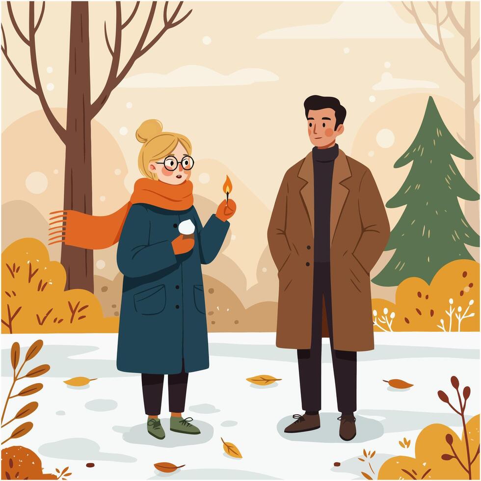 Winter Couple Enjoying Hot Drinks in Snowy Park vector
