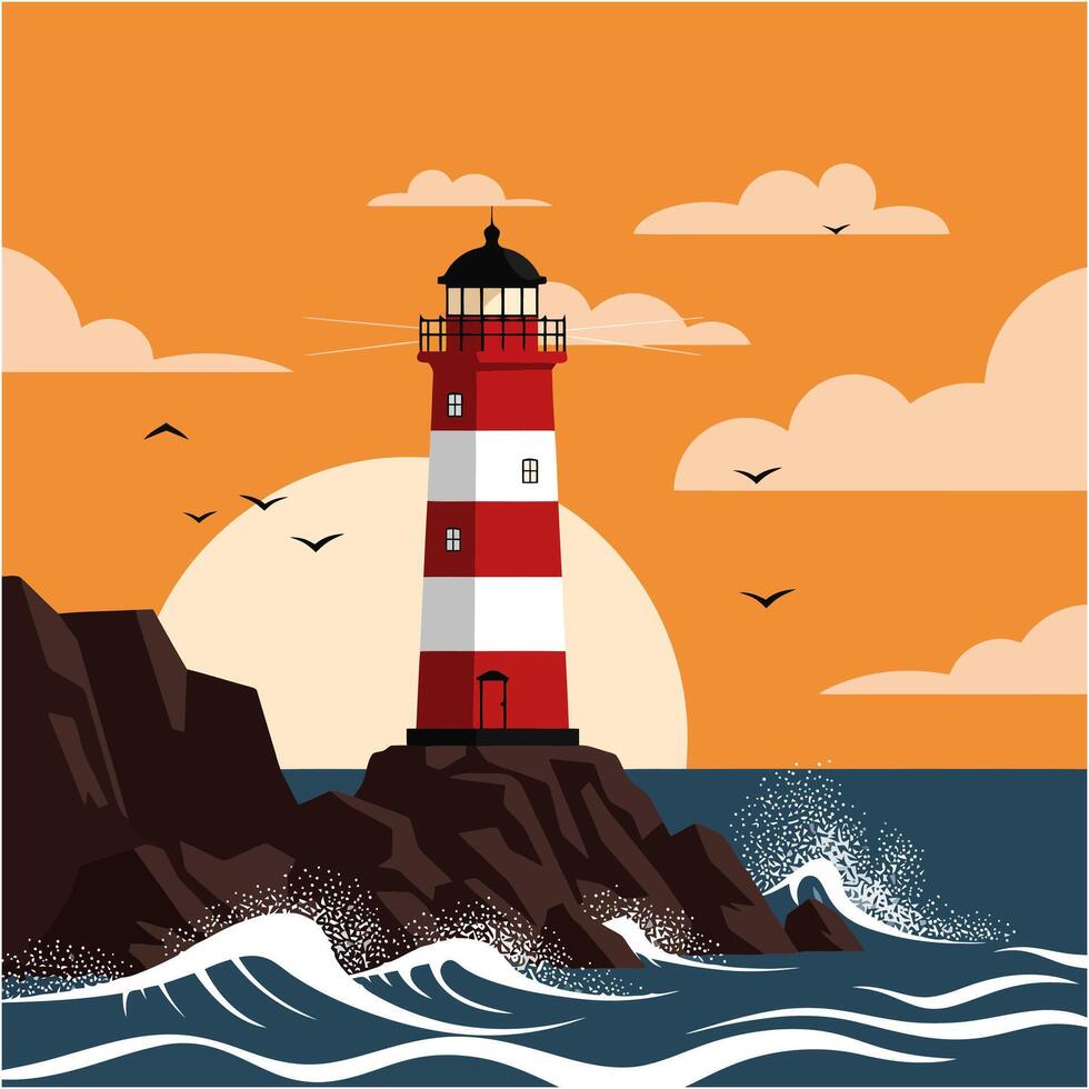 Red and White Lighthouse Sunset Ocean Scene Coastal Art Print vector