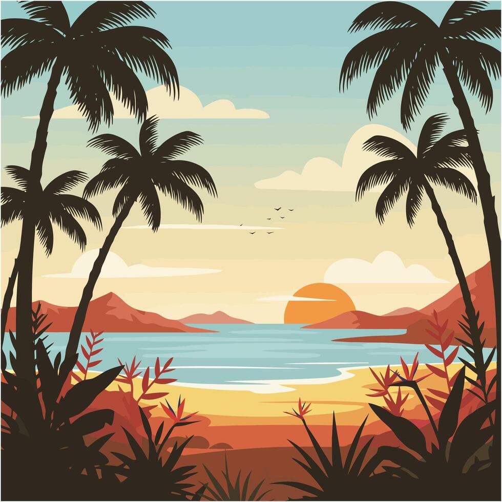 Sunset Beach Scene Palm Trees Tropical Landscape vector