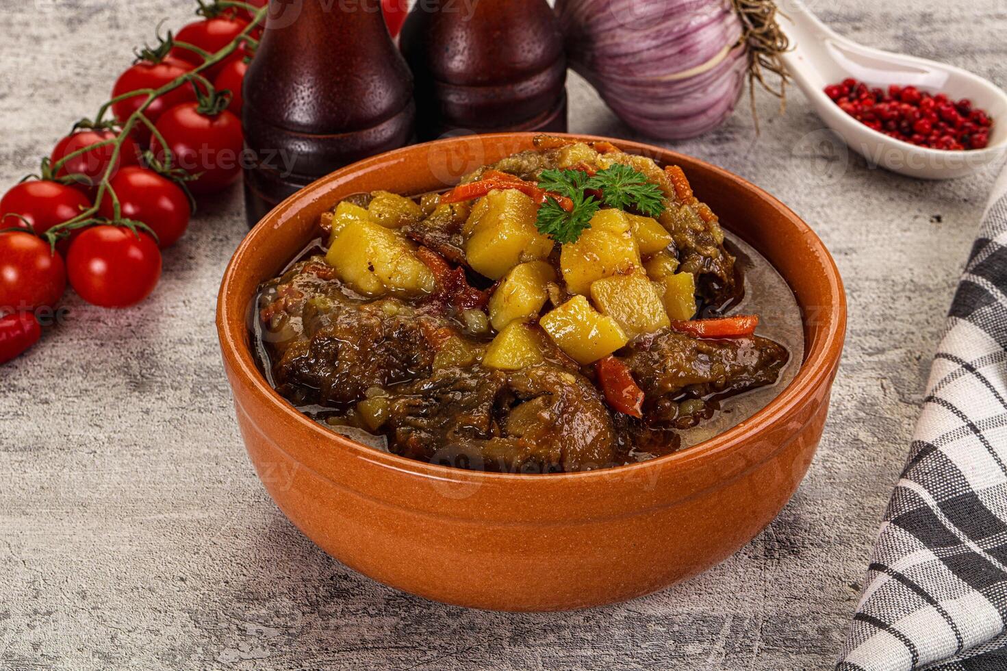 A bowl of stew with vegetables and tomatoes photo