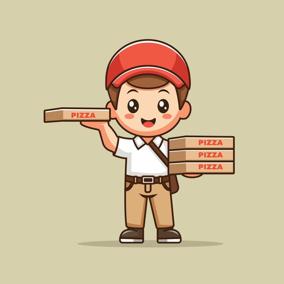 Cute Courier With Pizza Box Cartoon Icon Illustration. People Profession Icon Concept Isolated Premium . Flat Cartoon Style vector