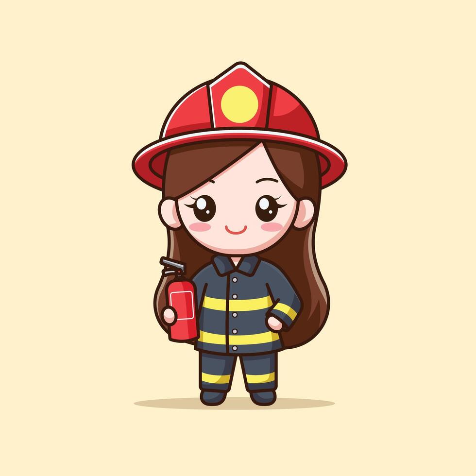 Cute Firefighter Holding Fire Extinguisher Cartoon Icon Illustration. People Profession Icon Concept Isolated Premium . Flat Cartoon Style vector