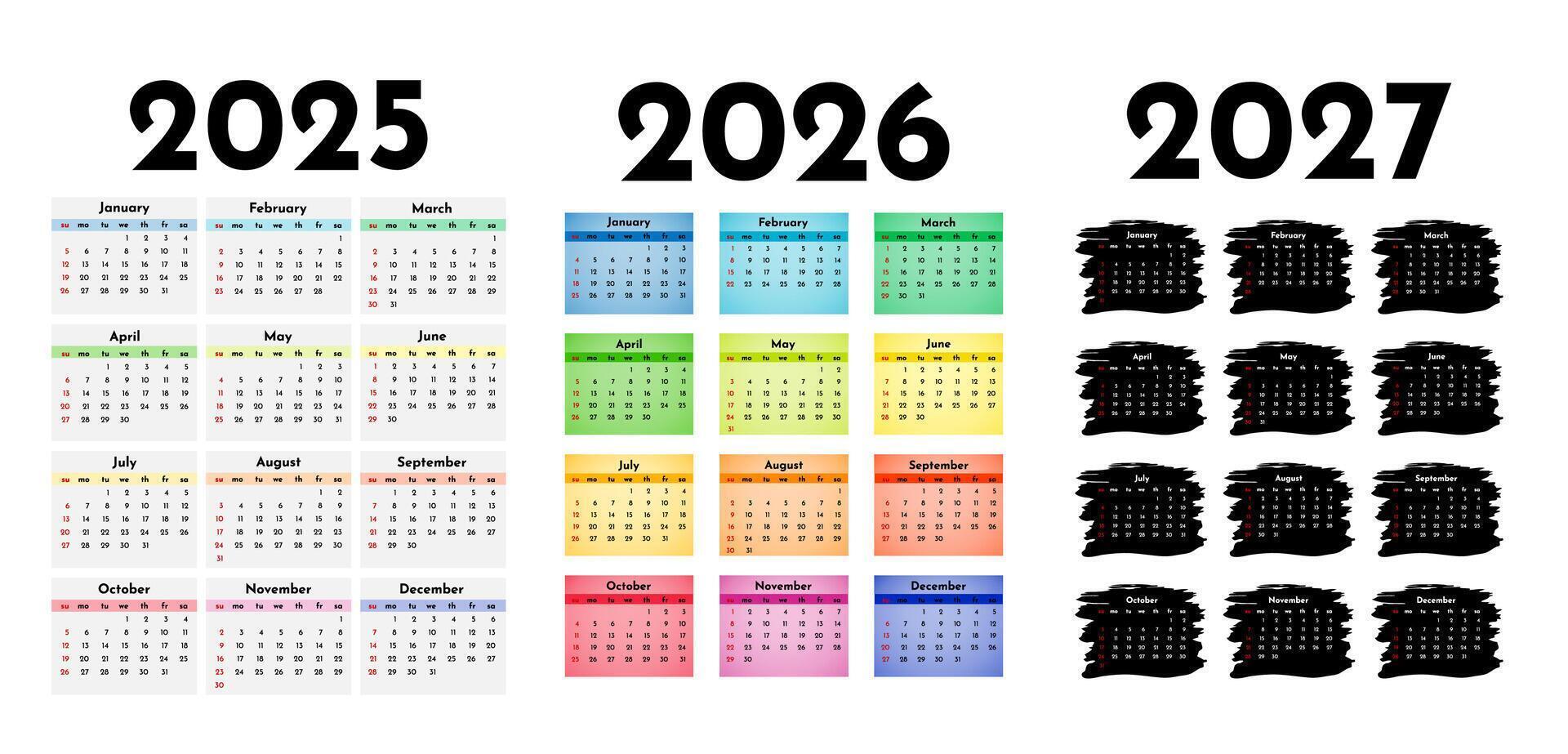 Set of three vertical calendars for 2025, 2026 and 2027 isolated on a white background. Sunday to Monday, business . illustration vector