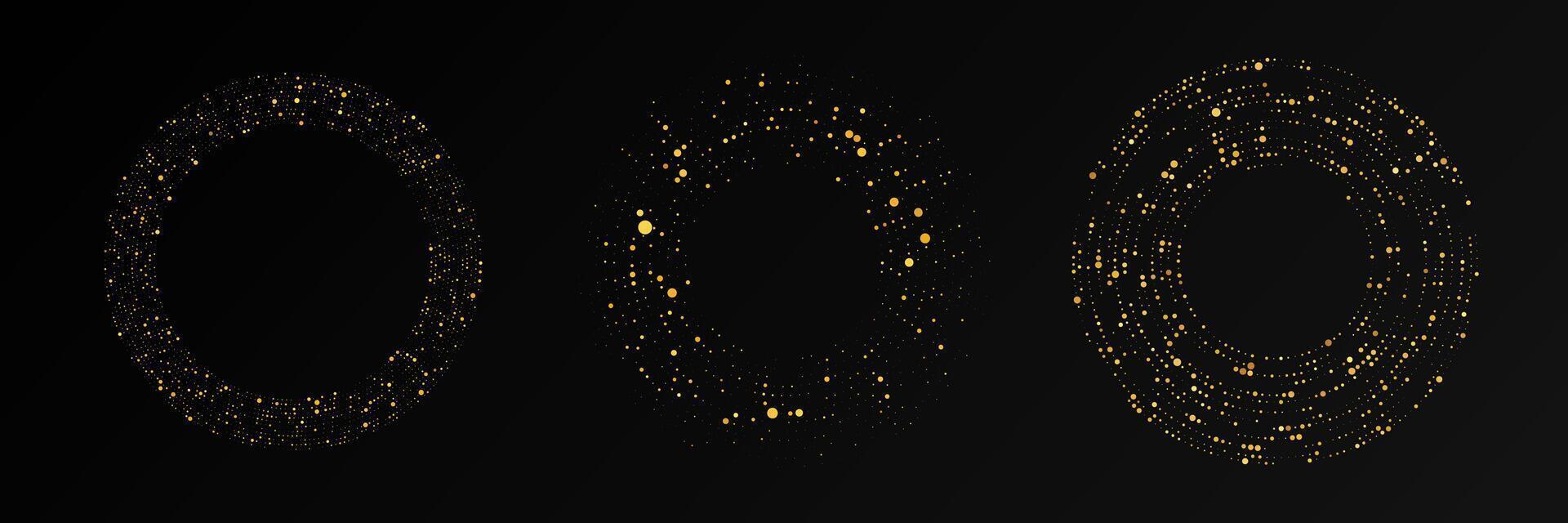Abstract gold glowing halftone dotted background. Set of three gold glitter patterns in circle. Circle halftone dots. illustration vector