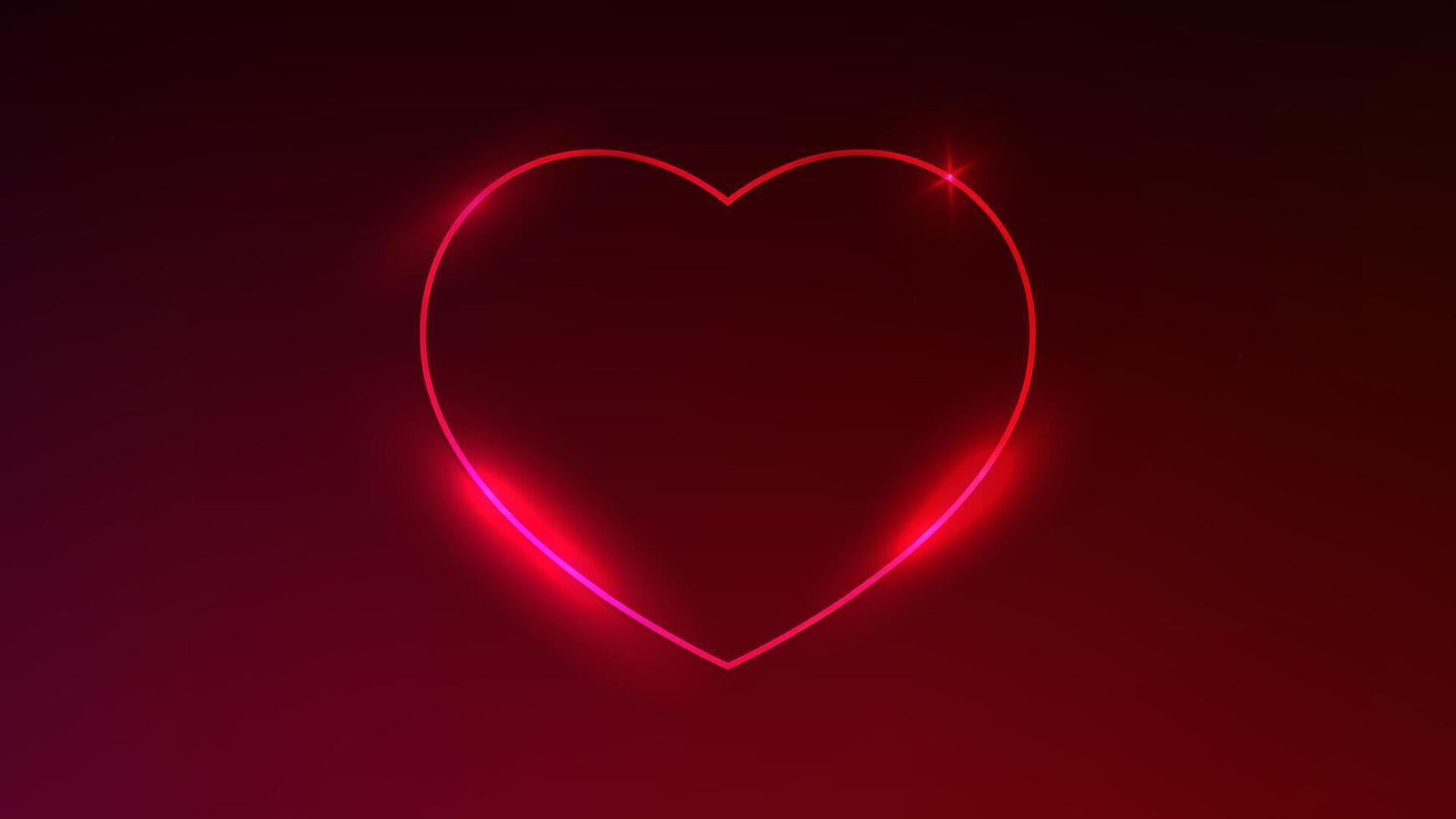 Neon frame in heart form with shining effects on dark red background. Empty glowing techno backdrop. illustration vector
