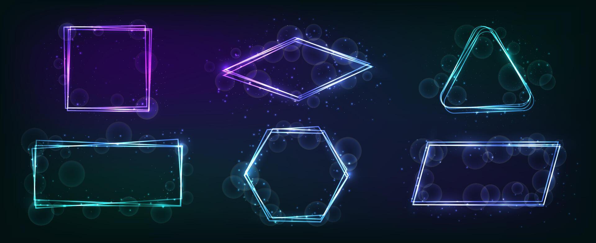 Set of six neon frames in different geometric forms with shining effects and sparkles on background. Empty glowing techno backdrop. illustration vector